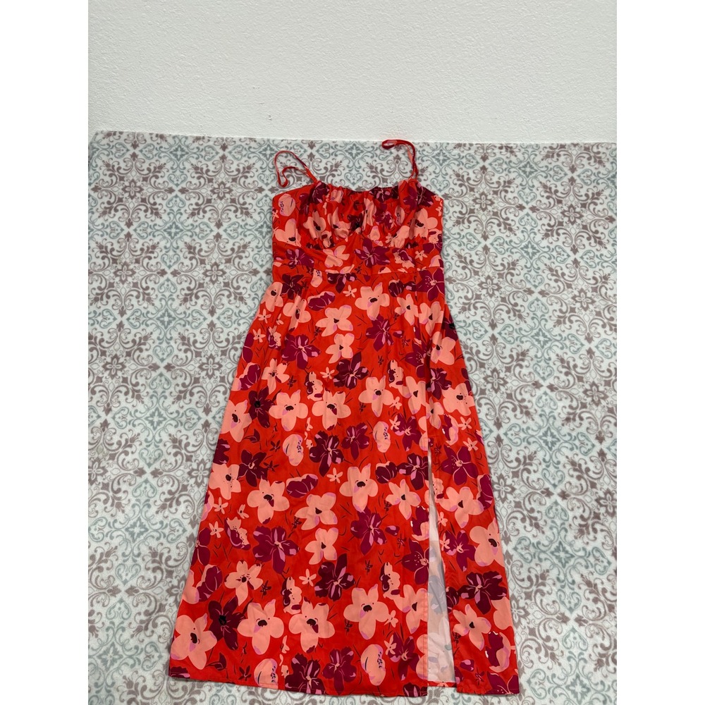 Red Floral Midi Dress Adjustable Straps Smocked Back Side Slit Summer Sun Dress